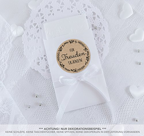 Freuden Tränen Taschentücher Set zur Hochzeit Klein 24 Sticker + 24 weiße Flachbeutel - 63 x 93 mm für Freudentränen Taschentuch Verpackungen Aufkleber in NATUR SCHWARZ Kraftpapier Look