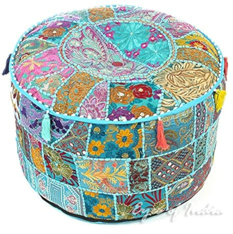 Eyes of India - 17 X 12 Blue Patchwork Round Pouf Pouffe Ottoman Cover Floor Seating Bohemian Accent Boho Chic Indian Handmade