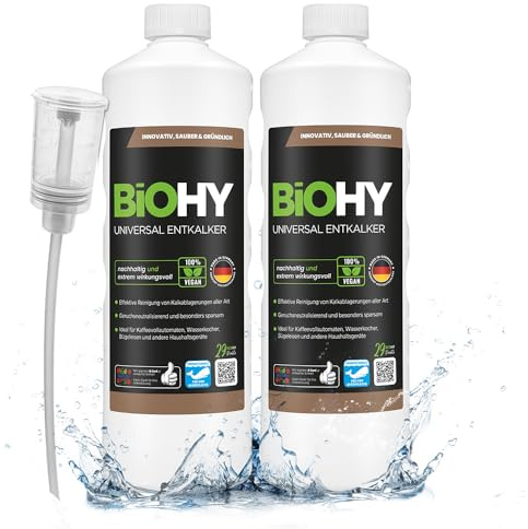 BiOHY Universal Entkalker (2 x 1L) + Dosierer | Konzentrat für Kaffeemaschinen, Wasserkocher, Glaskannen & Haushaltsgeräte | Starker Kalklöser auch für Glas- & Edelstahlflächen
