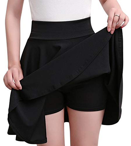 Womens High Waisted A-line Pleated Mini Skater Skirt Solid Color Casual Flared Ruffle Skorts(UK 12/Tag XL) Black