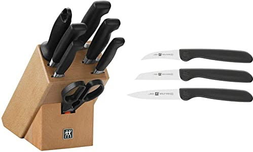 ZWILLING Messerblock, 8-tlg., Holzblock, Messer und Schere aus rostfreiem Spezialstahl/Kunststoff-Griff, Vier Sterne & 38115001 Gemüsemesser-Set, 3 tlg., Kunststoff, schwarz