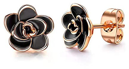Gilieyer Rose Flower Stud Earrings for Women, 18K Gold Plated Enamel Craft Black Rose Flower Earrings Cute Earrings Jewelry Gifts for Mother's Day