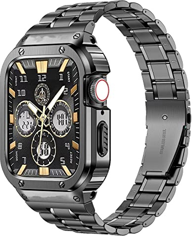 MioHHR Stainless Steel Watch Band with Case Compatible for Apple Watch Bands 38/40/41/42/44/45/46/49mm,Rugged Strap with Metal Cover for iWatch Ultra 3/2/1 Series 11/10/9/8/7/6/5/4/SE/3/2/1 for Men