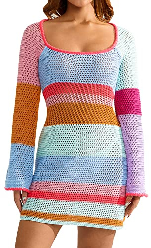 Fabumily Women Crochet Knit Mini Dress Long Sleeve Colorful Mesh Cover Ups Casual Sweater Dress Summer Beach Wear (C- Colorful Pink Blue, S)