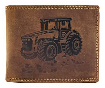 Lemasi echt Büffel Voll-Leder Geldbörse für Männer, naturbelassenes Hunterleder Portemonnaie Traktor mit RFID NFC Schutz (Braun)