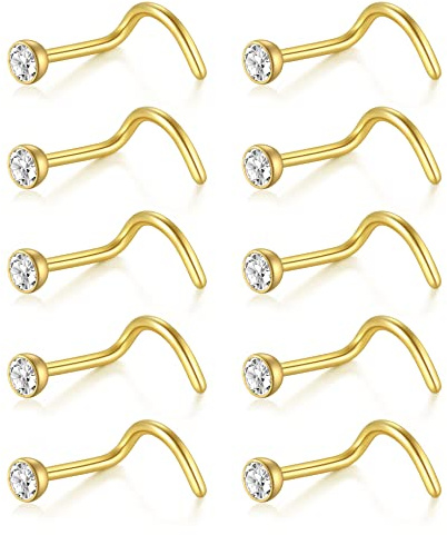 Briana Williams 10stk Nasenstecker Gold 1mm Spirale Nasenpiercing Stecker Diamant Chirurgenstahl 18G Piercing Nase