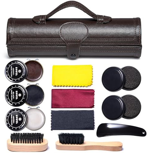YUET Kit per la pulizia e la cura della lucentezza delle scarpe, set per la cura della pelle marrone nera con spazzola custodia da viaggio di lusso premium morbido setole di crine di cavallo,