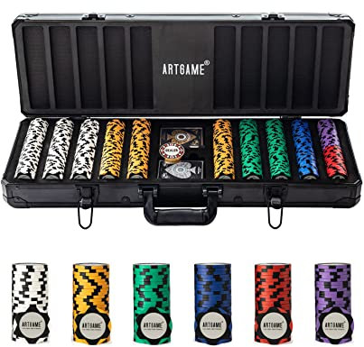 Artgame 14 Gramm Clay Poker Chip Set für Texas Hold'em, 500 Stück Casino Style Chips, mit K-Typ Aluminiumgehäuse und Händlerknöpfen.