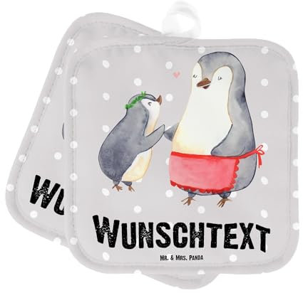 Mr. & Mrs. Panda Personalisierte Topflappen Pinguin mit Kind - Geschenke, Geschenk, Set Personalisiert, Familie, Muttertag, Mutter, Topfuntersetzer, Namen, Personalisierter Ofenhandschuh, Mom