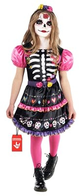 Morph Sockerskalle-Kostym för Flickor, Rosa Satinklänning med Puffiga Ärmar & Pannband, Halloween Maskerad, 3-4 År