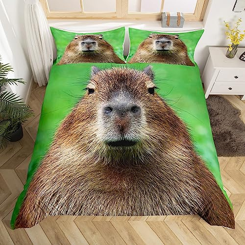 Young Capybara Duvet Cover Double Size Funny Capybaras Comforter Cover for Kids Capybara Animals Lovers Bedding Set 3D Zoo Pet Animals Quilt Cover with 2 Pillowcases,Capybara Gifts for Boys Girls