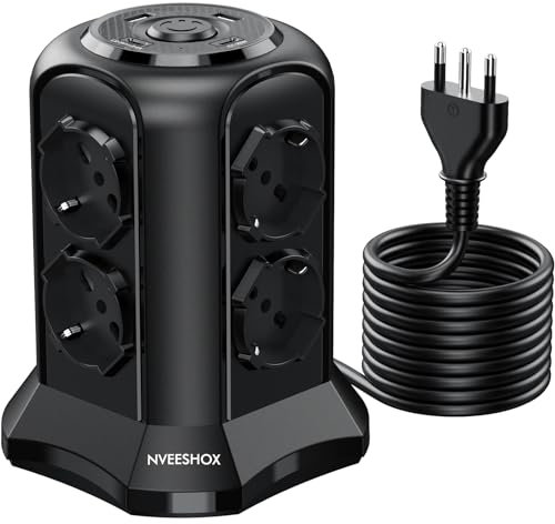 NVEESHOX Ciabatta Multipresa Con 8 Prese Universali ITA 10/16A e Schuko, 2 USB-C e 2 USB-A (20W PD3.0), 4000W/16A, Torre Protezione Sovratensione Con Interruttore, 5M Cavo (Nero)