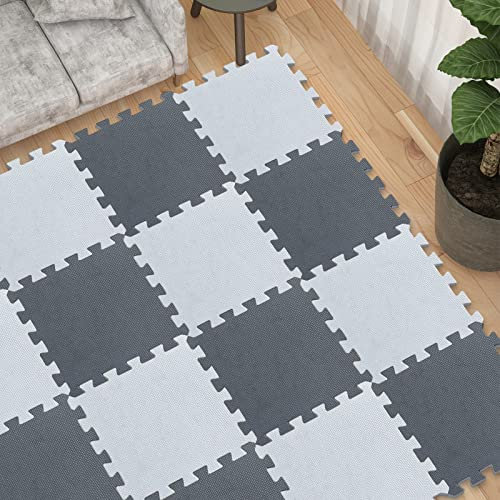 HUOLE 18 pièces Tapis de Jeu en Mousse avec Bordure, Carreaux de Sol en Mousse emboîtables pour Enfants, Tapis de Sol en Mousse Puzzle pour bébé, Tapis d'exercice, 18pc-blanc + Gris Foncé