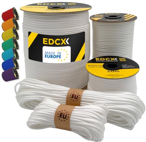 EdcX Paracord 4mm, 35+ Solid Colors (10m, 15m, 30m, 50m, 100m, 300m) | Ideal for Crafting, DIY, Camping, Survival, Outdoor | 100% Nylon Rope 4mm | Tactical Cord 550 Type III (White, 10 m)