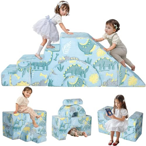 MeMoreCool Kids Climbing Couch with Slide, Foam Play Sofa, Blue Dino
