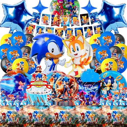 SABAN Soni Geburtstagsdeko für Junge, 94 Stück Soni Partygeschirr Set mit 3D Folienballon,Teller und Servietten, Hochwertig Geburtstag Banner und Kuchendeko, Perfekt für Blaue Themen Kindergeburtstage