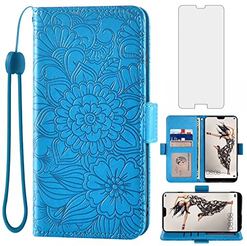 Asuwish Handyhülle für Huawei P20 Pro Hülle mit Glas Folie Schutzfolie und Kartenfach Klappbar Leder Geldbörse Ständer Hawaii P 20 20Pro CLT-L29 CLT-L09 Handy Hüllen Blumen Schutzhülle Phone Case Blau