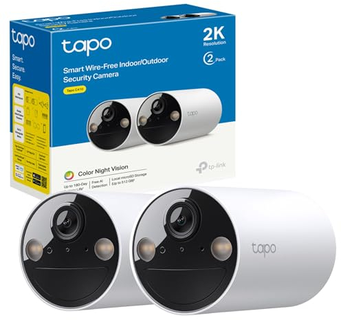 Tapo C410 - Telecamera di sicurezza per esterni a batteria, 2K, wireless, visione notturna a colori, telecamera CCTV per interni senza costi mensili, rilevamento AI, IP65 resistente alle intemperie