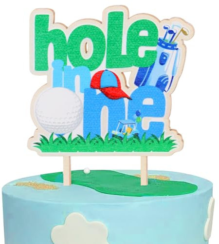 CORNER LACE Golf Hole in ONE Wooden Cake Topper Golf Theme One Year Old Birthday Cake Pick, Golf Fans 1st Birthday Party Decoration Supplies