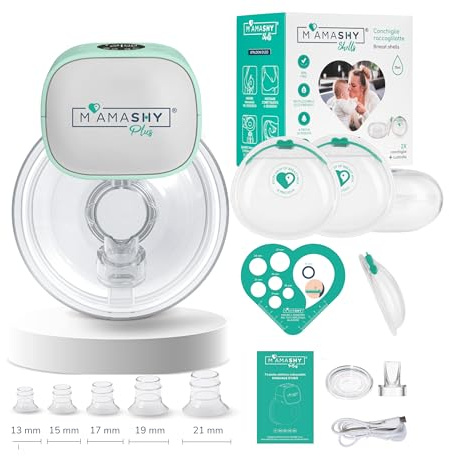 MAMASHY Plus GO – 1 Tiralatte Elettrico Indossabile Silenzioso con 6 Taglie, 2 Coppette Raccogli Latte, 5 Adattatori BPA‑Free, Allattamento Neonato, Portatile, Custodia + Accessori Inclusi