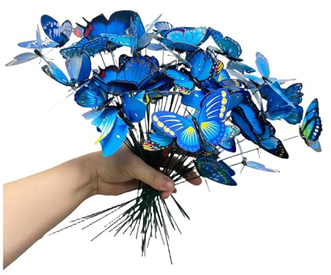 50 pcs Royal Blue 3D Butterfly Garden Stake Decor,Garden Decor for Outside | 10 PVC Butterfly Shaking Head Artificial Butterflies for Cake Bouquet Wall Lawn Pathway Plant Pot Flower Bed Yard Decor