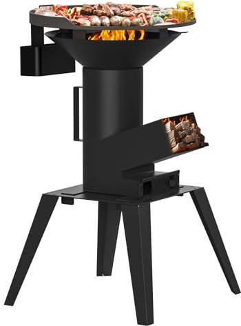 Onlyfire Forno a Razzo da Esterno con Supporto, Stufa a Legna, Fornello da Campeggio Multifunzionale 3 in 1 con Griglia di Cottura, Piastra e Supporto per Pentole per Cucinare All'aperto e in Giardino