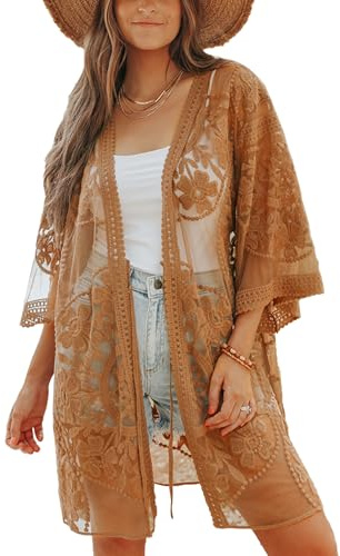 Bsubseach Baddräkt cover up för kvinnor lace sheer blommig kimono koftor mesh, lång strandklänning, H-brun, one size