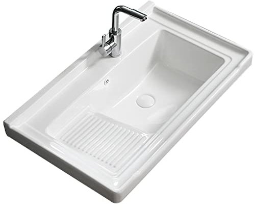 DDKYHU Grande lavandino per Lavanderia da Bagno Rettangolare in Ceramica, lavandino da Balcone, Vasca da Lavanderia Semi-incassata con ASSE da bucato e Rubinetto (Bianco 72x48 cm)