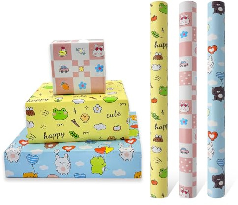 3 rollos de papel para envolver regalos de cumpleaños de 43 cm x 3 m, impreso con varios animales pequeños, adecuado para la decoración de regalos de cumpleaños de niños y niñas