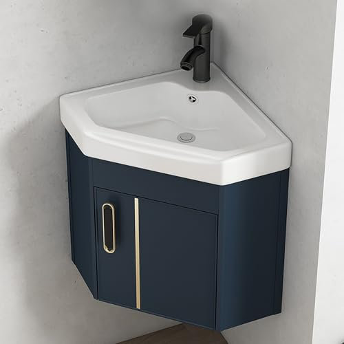 Lavandini Ad Angolo Per Bagno,Lavabo In Ceramica,Lavabo A Parete,Per Piccoli Spazi, Mobiletto Sospeso A Parete,Lavabo Triangolare Sospeso,Lavabo In Ceramica Bianca Con Troppopieno(Blue,14in/38cm)