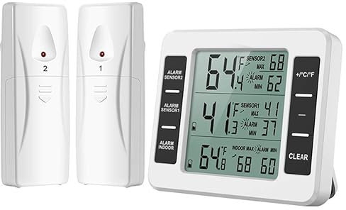 Jrifedptry Termometro digitale wireless per frigorifero, termometro digitale per congelatore, con 2 sensori, per interni ed esterni, facile da usare