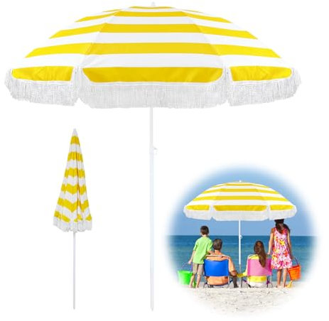 180 cm Strandschirm mit UV50+ Schutz, Kippfunktion, wasserdicht, gelb weiß gestreift, Sonnenschirm, Outdoor, Gartenschirm mit 8 stabilen Rippen, tragbarer Sonnenschirm für Strandurlaub, großer Outdo