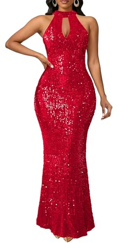 VERWIN Sleeveless Halter Neck Sparkly Casual Party Cocktail Evening Bodycon Mermaid Maxi Sequins Dress XXL Red