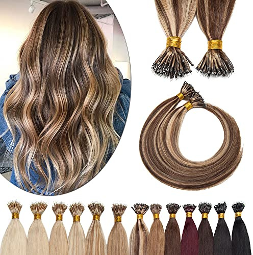 SEGO Nano Tip Extensions Human Hair Balayage Nano Ring Beads Pre-bonded Seamless Highlight Extensions for Women 1g/strand 50g/pack -18 Inch -4P27 Medium Brown&Dark Blonde