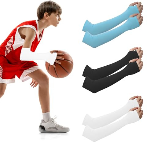 CIATBYYJ 3 Pairs Kids Arm Sleeves for Women Men, UV Sun Protection Cooling Arm Compression Sleeves, Breathable Volleyball Arms Sleeve for Outdoor Sport (Black, White, Blue)