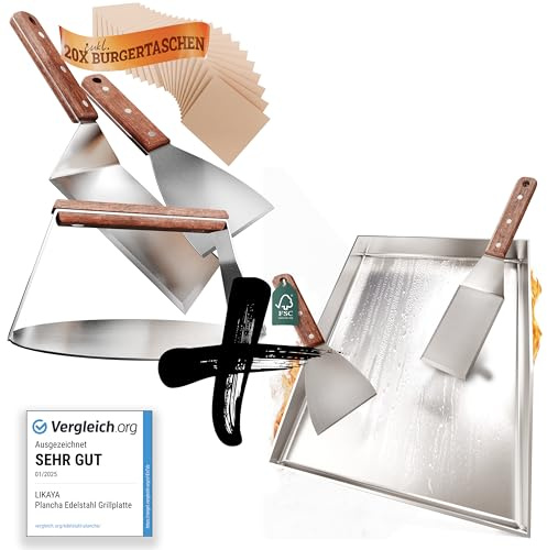LIKAYA [BUNDLE] Plancha Edelstahl Grillplatte/Grillpfanne [OHNE LOCH - 30x40cm] + Burger-Smasher Set – 4x Grillspachtel & Burger Smasher mit Holzgriff – Perfekte Smash Burger auf Deinem Grill & Herd!