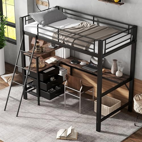 Merax Hochbett 90x200cm mit Schreibtisch & Schubladen & Regale, Metallbett Etagenbett mit Lattenrost & Rausfallschutz & Sicherheitsleiter, Platzsparend Stockbett für Kinder, Eisen+Spanplatte, Schwarz
