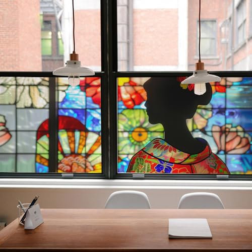 Fensterfolie Blickdicht 43X100CM Japanische Schönheit Sichtschutzfolie Fenster von Aussen Anti-Uv,Fenster Folie Blickschutz für Badezimmer, Duschkabine Sowie Türen, Umkleide