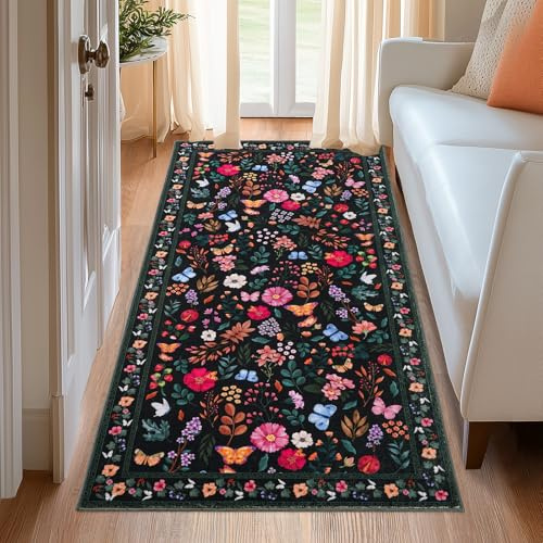 MAST DOO Tapis de couloir 80x150cm, Tapis Boho pour cuisine avec poils courts lavables antidérapants à motif floral, Tapis de couloir pour couloir, salle à manger, chambre à coucher, salon, Noir