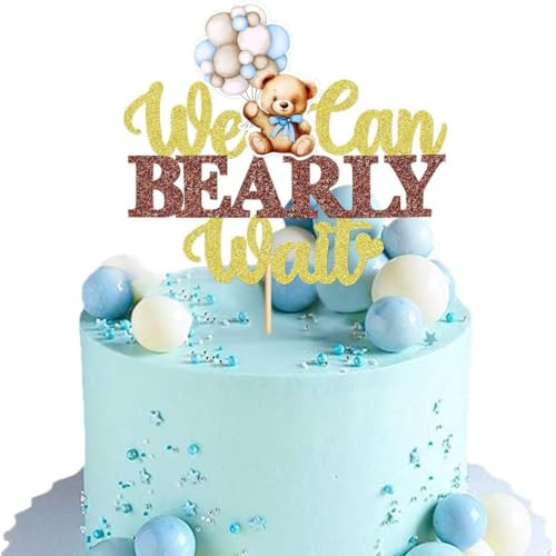 Baby Shower Cake Topper, Teddy Bear Cake Toppers, Baby Shower Cake Decorations-HSC We Can Bearly Wait Baby Showers Set, Gender Reveal Party Decorations in Gold for Bear Theme Celebrations(Blue)