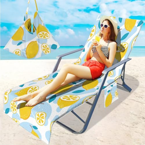 Morbuy Fundas Tumbona con Bolsillo, Frutas Impresión Toalla de Playa de Secado Rápido para Silla de Playa/Colchoneta Tumbona Jardin, Funda Protectora para Cojin (Azul limón)