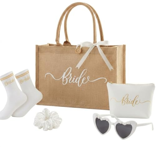 Hestya 4 Stück Braut Geschenk JGA Accessoires Frauen Bride to Be Hochzeitsgeschenk Jute Tragetasche Kosmetiktasche Bride Socken Hochzeitssonnenbrille für Brautparty Strand Verlobung Flitterwochen