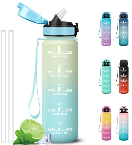 Grsta Gourde 1l, Anti Fuite Gourde Sport avec Marqueur de Temps, Verrou de Sécurité, Gourdes avec Paille, Facile à Nettoyer, Bouteille d'eau Motivationnelle pour Cyclisme, Gym, Yoga