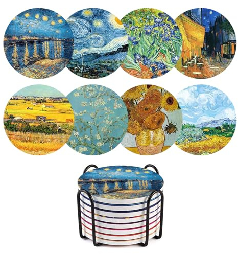 8 Stück Untersetzer Gläser - Keramik Kork Saugfähig Getränkeuntersetzer Art Van Gogh Painting Coasters Kits mit Halter Coaster Art Kits Rund Untersetzer Getränke-Unters für Zuhause Büro Tischdeko