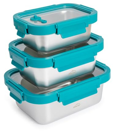 PracticDomus Juego de Recipientes en Acero Inoxidable con Tapa Hermética Aptos Microondas, Horno, Airfryer y Nevera (3X Etern)