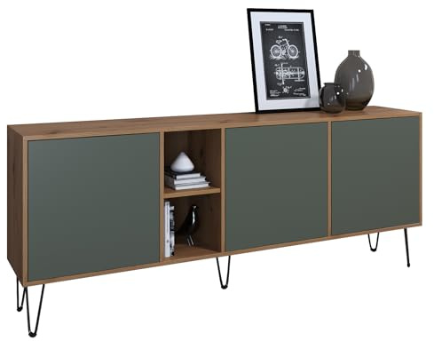 Vladon Sideboard Havana, TV-Schrank mit 3 Türen und 2 offene Fächer, Kommode Made in Germany, Eiche Evoke/Fjord Grün (181,5 x 73 x 35 cm)