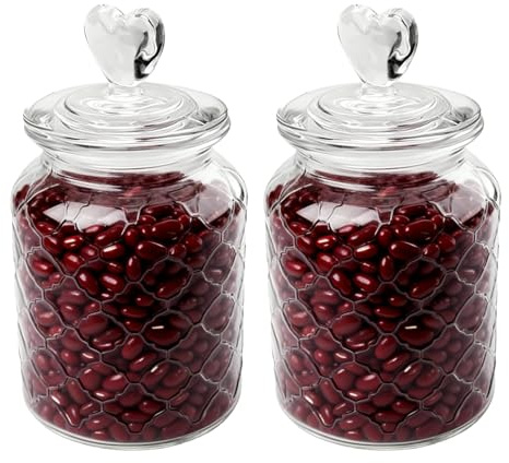 WIYETY 2 Stück Bonbongeschirr mit Deckel: 650 ml Herzförmiger Dichtungsdeckel Bonbonglas, Dekorative Vorratsgläser, Glasbehälter für Kekse Süßigkeiten Kaffeebohnen Schokolade Geschenke Snacks