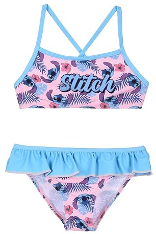 Disney Store Traje de baño de 2 piezas con Stitch para niñas, azul y rosa, con tirantes cruzados, bikini con volantes, turquesa, 4 años