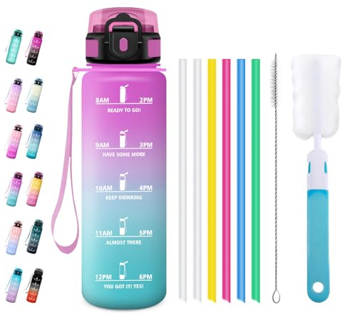 JAPORIA Cantimplora 1L, Reutilizable, Botella de Agua con Pajita, Botellas Motivacional con Marca de Tiempo, para Deporte, Bicicleta, Oficina
