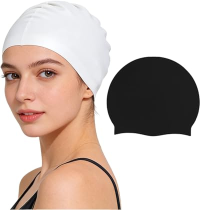 YIPFEN Gorro Natación Silicona Pack 2 (Negro/Blanco) Impermeable, Unisex. Protege Oídos y Mantiene Pelo Largo Seco. Antideslizante, Cómodo para Piscina.